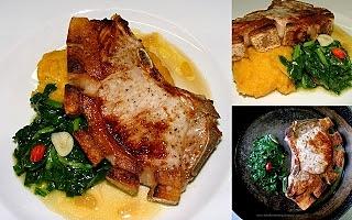 Kotlet wieprzowy z kością z purée z ziemniaków, dyni piżmowej i chorizo z pikantnym szpinakiem i cider sos