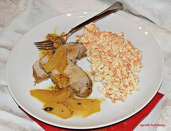 Schab pieczony w musztardzie z gruszką i pomarańczą