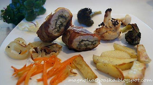Schab z zielonym pesto i grillowanymi warzywami