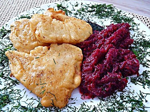 Ryba w cieście naleśnikowym z buraczkami dla 4 osób