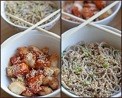 Soba z sezamem i kurczakiem w ostrym sosie chili