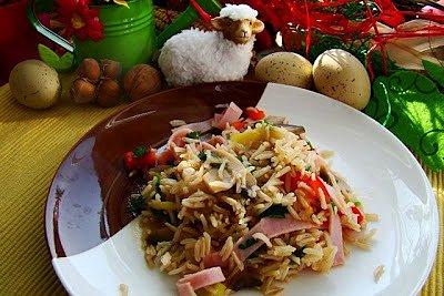 Risotto z warzywami pieczarkami i szynką