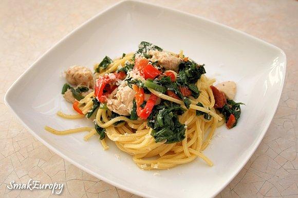Spaghetti z kurczakiem i czosnkiem niedźwiedzim