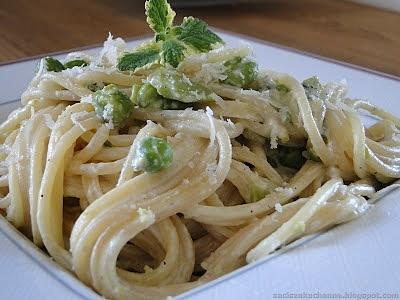 Spaghetti z bobem, groszkiem i miętą wg j. Oliviera.