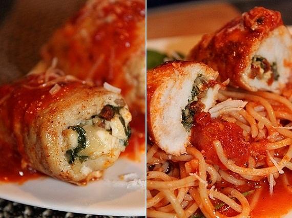 Roladki z kurczaka z pomidorowym spaghetti