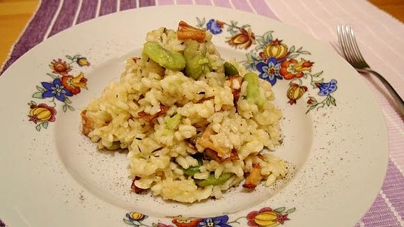 Tymiankowe risotto z boczkiem i bobem
