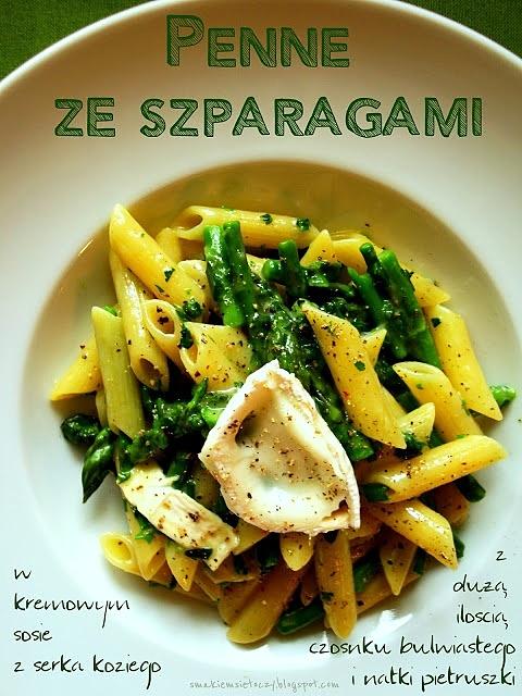 Penne ze szparagami i serem kozim