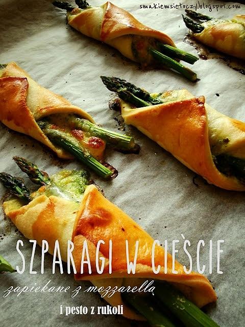 Szparagi zapiekane w cieście z mozzarellą i pesto z rukoli