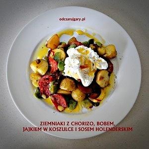 Ziemniaki z chorizo bobem i jajkiem w koszulce z sosem holenderskim