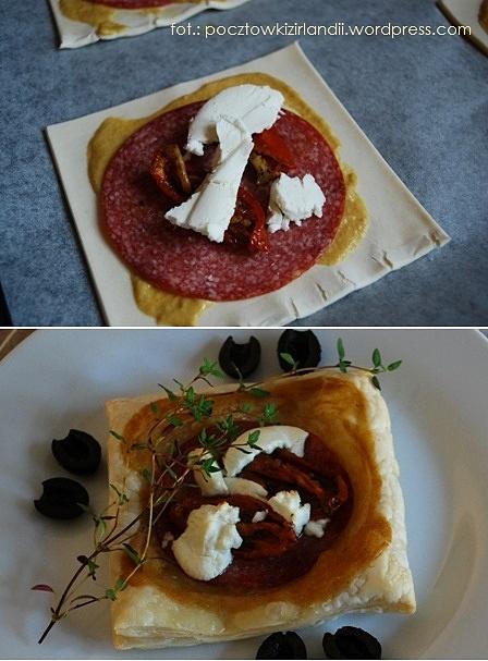 Koszyczki z ciasta francuskiego z salami, suszonymi pomidorami i kozim serem