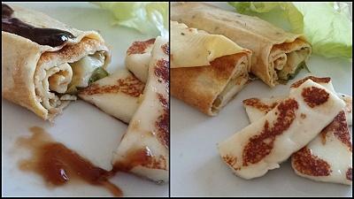 Cienkie omlety na wzór naleśniczków ze smażonym halloumi