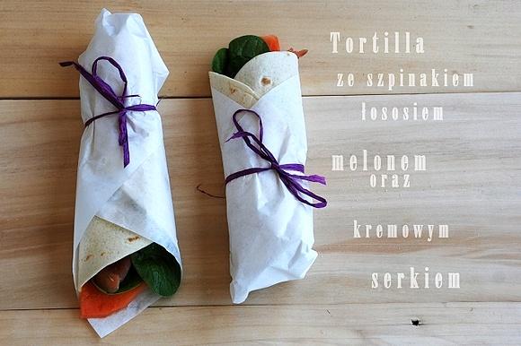 Tortille ze szpinakiem, łososiem, melonem i kremowym serkiem