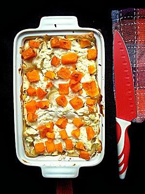Lasagne z dynią jogurtem i pomidorami