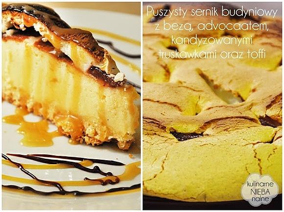 Puszysty sernik budyniowy z bezą advocaatem i toffi