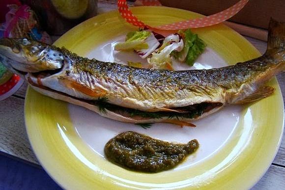 Pieczony pstrąg z pesto bazyliowym i masłem koperkowym