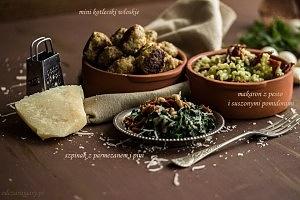 Mini włoskie kotleciki z makaronem z pesto i szpinakiem z parmezanem i suszonymi pomidorami