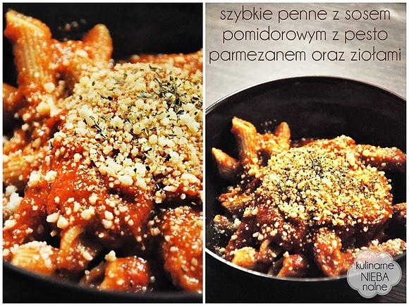 Szybkie penne z sosem pomidorowym pesto parmezanem i ziołami