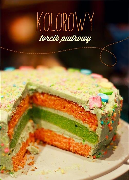 Kolorowy pudrowy tort urodzinowy
