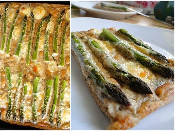 Wiosenna pizza ze szparagami, kozim serem i białym sosem jogurtowym