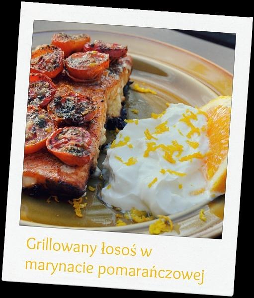 Grillowany łosoś w marynacie z soku pomarańczy z grillowanymi pomidorkami