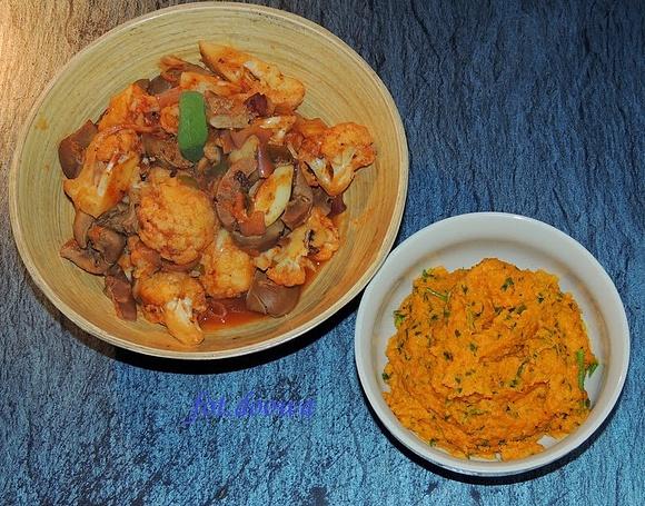 Cynadry duszone z kalafiorem i puree z marchewki