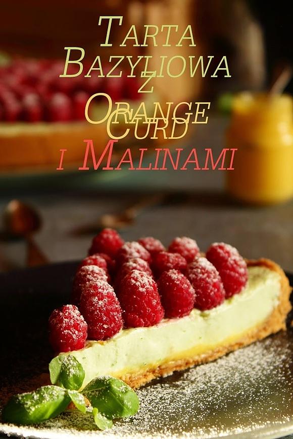 Tarta bazyliowa z orange curd i malinami