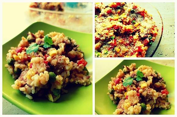 Risotto z kiełbasą pomidorem kukurydzą i groszkiem