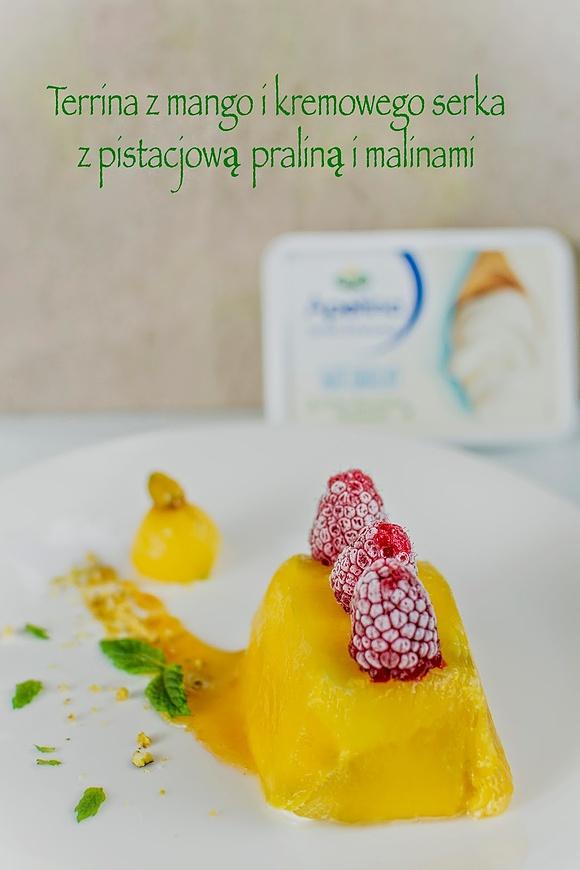 Terrine z mango kremowym serkiem i pistacjami z malinami