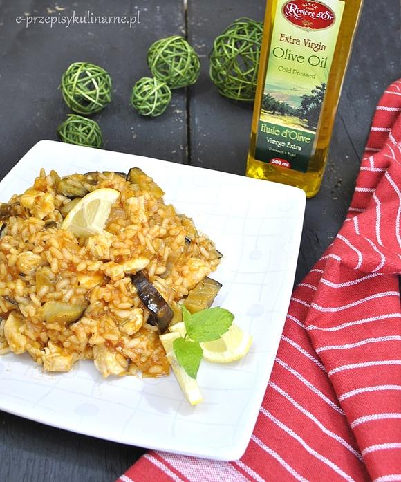 Risotto z krewetkami, kurczakiem i grillowanym bakłażanem