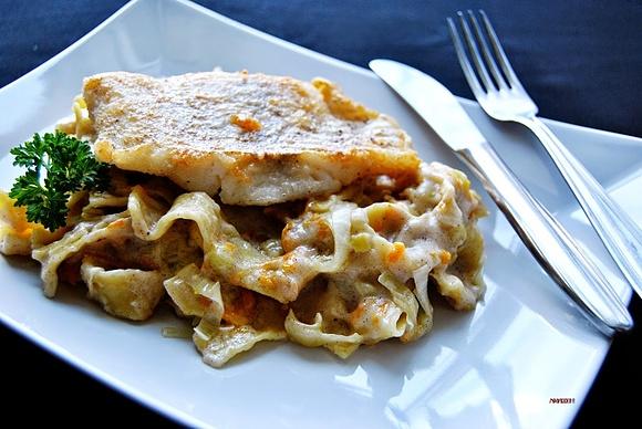 Pappardelle zapiekane ze smażonym dorszem