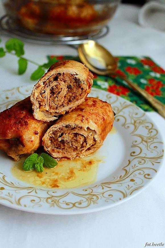 Roladki schabowe z mięsem mielonym i pieczarkami