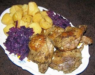 Kacze udka w marynacie pomarańczowej na ziemniakach