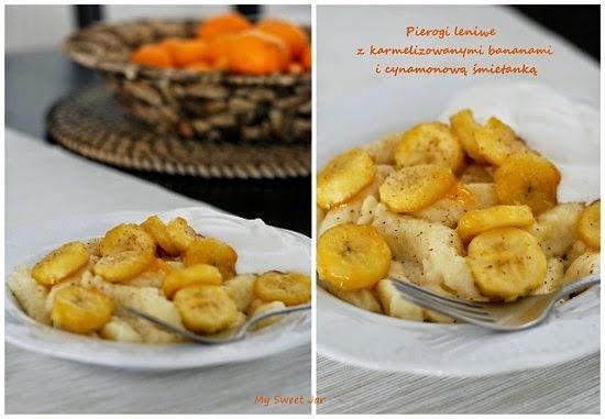 Pierogi leniwe z karmelizowanymi bananami i cynamonową śmietanką
