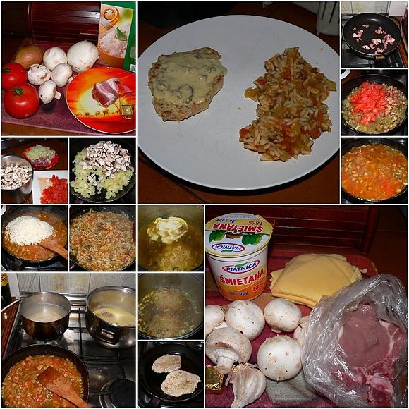 Risotto pieczarkowe i schabowe w sosie pieczarkowo serowym