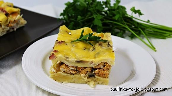 Zapiekanka makaronowa z kurczakiem i pieczarkami