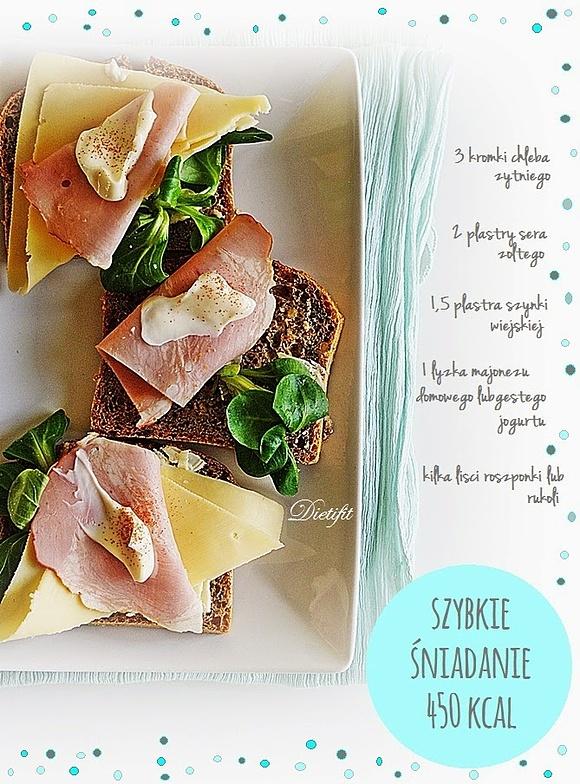 Klasyczne śniadanie z chlebem żytni, szynką i serem - 450 kcal