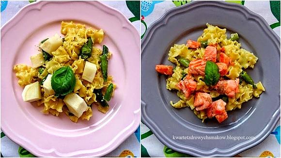 Makaron z pesto, fasolką i dwoma wersjami: z łososiem lub pietruszką