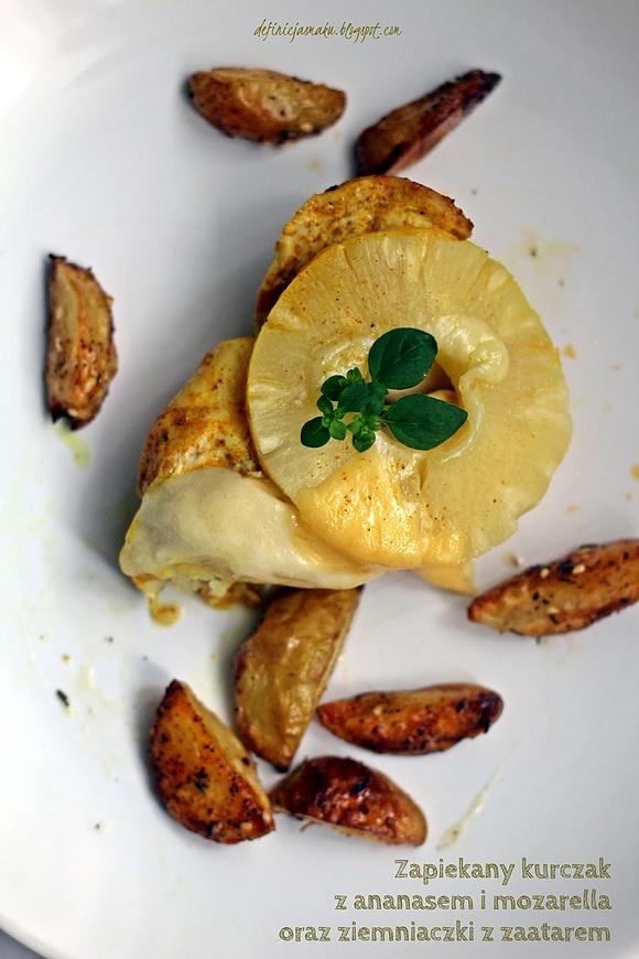 Kurczak curry z mozzarellą i ananasem oraz pieczone ziemniaczki z zatar
