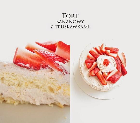 Tort bananowy z truskawkami i mlekiem bananowym