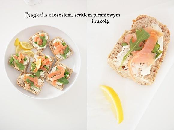 Bagietka z łososiem, serkiem president i rukolą