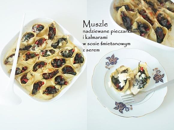 Muszle nadziewane pieczarkami i kalmarami