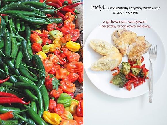 Indyk z mozzarellą i szynką zapiekany w sosie serowym