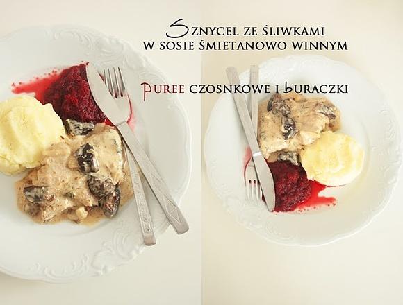 Sznycel ze śliwkami w sosie śmietanowo-winowym