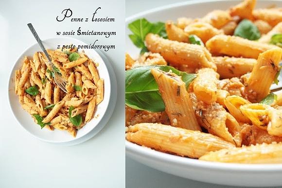 Penne z łososiem w kremowym sosie na bazie białego wina z pesto