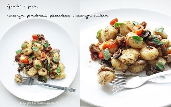Gnocchi z pesto, suszonymi pomidorami, pieczarkami i czarnymi oliwkami