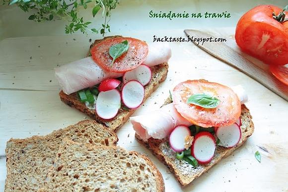 Śniadanie na trawie z kanapkami z polędwicą i warzywami