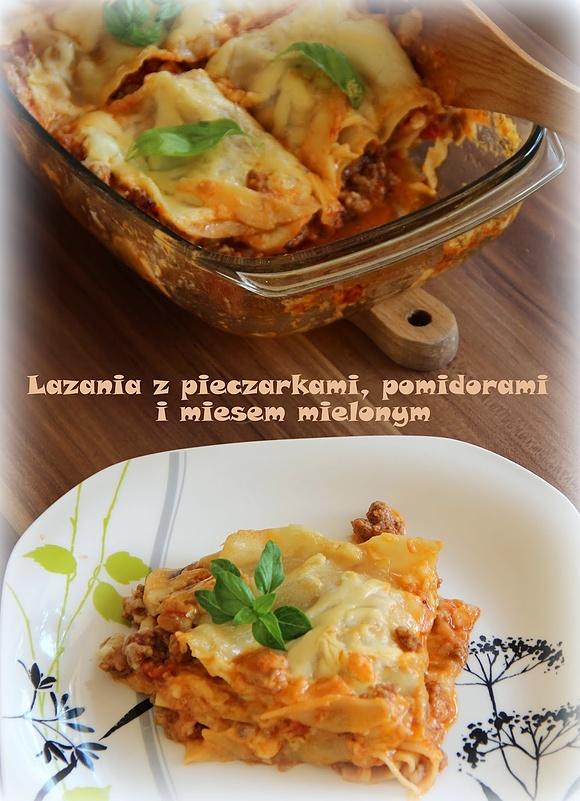 Lazania z pieczarkami pomidorami i mięsem mielonym