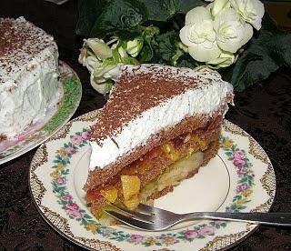 Galaretkowy torcik z gruszkami, pomarańczami i śmietaną