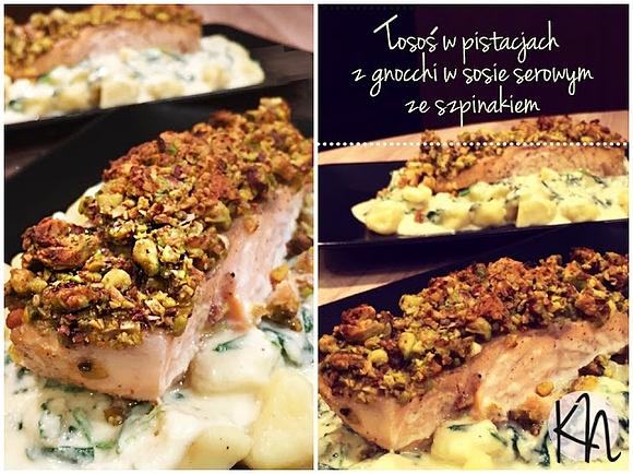 Łosoś w pistacjach z gnocchi w sosie serowym ze szpinakiem