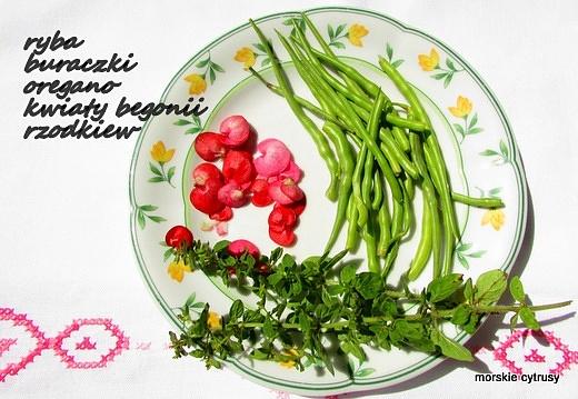Sałatka z pstrągiem, rzodkiewką, burakiem i kwiatami begonii